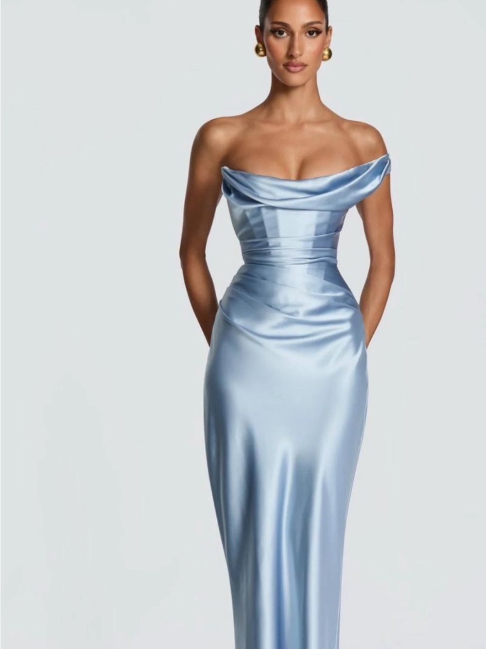 Strapless Satin Column Gown in Light Blue